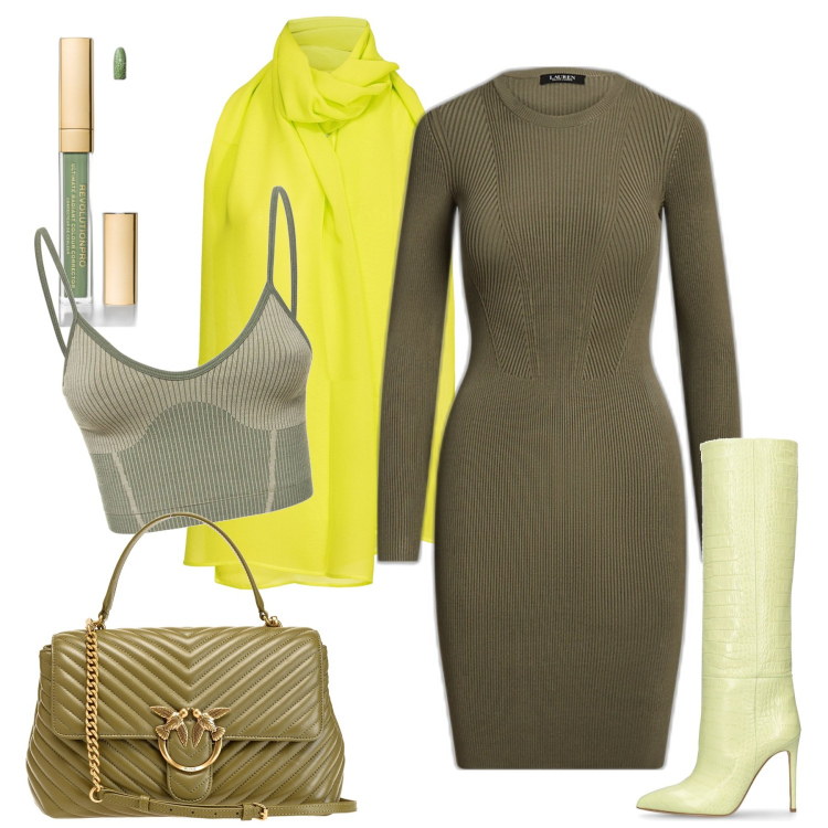 Outfit donna - Verde I\'m dicembre. Stile Glamour per Tutti i giorni. Abbinamento con correttori, stole, borse a mano, vestiti, bralette, stivali.