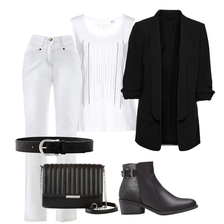 Outfit donna - Total look #1785746. per Serata fuori. Abbinamento con blazer, cinture, top, stivaletti, jeans dritti, borse a tracolla.