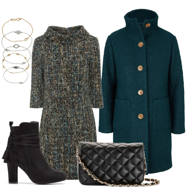 Outfit donna - Vestitino invernale. Stile Bon Ton per Serata fuori. Abbinamento con cappotti, borse a tracolla, braccialetti con ciondoli, vestiti a tubino, stivaletti.