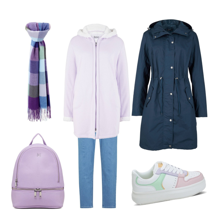 Outfit donna - Passeggiata nel bosco. Stile Basic per Sport. Abbinamento con parka, felpe, jeans mom, sciarpe, sneakers, zaini.