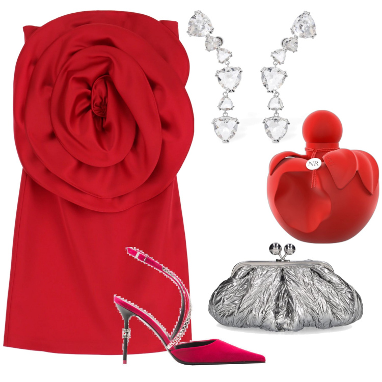 Outfit donna - Rosa rossa. Stile Glamour per Cerimonia. Abbinamento con profumi, scarpe col tacco, vestiti corti, orecchini, pochette.