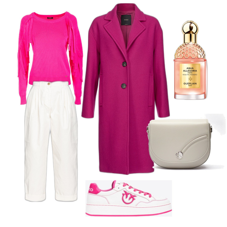 Outfit donna - Fragola e bianco. Stile Casual per Tutti i giorni. Abbinamento con profumi, sneakers, cappotti, pantaloni, maglieria, borse a tracolla.