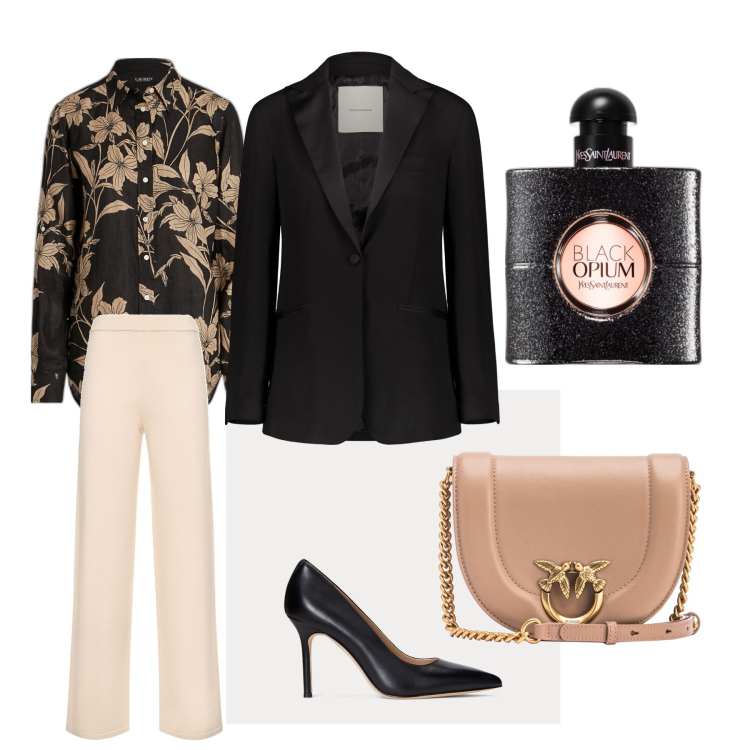 Outfit donna - Giacca nera. Stile Bon Ton per Serata fuori. Abbinamento con profumi, borse a tracolla, camicie, décolleté, pantaloni, giacche.