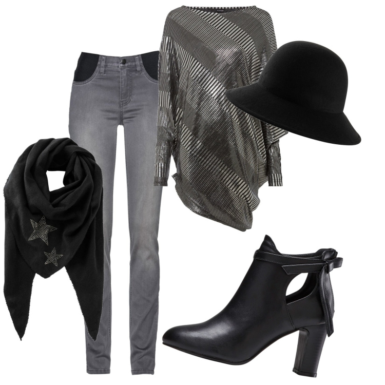 Outfit donna - Silenziosamente semplice. Stile Casual chic per Serata fuori. Abbinamento con jeans, foulard, maglieria, stivaletti, cappelli.