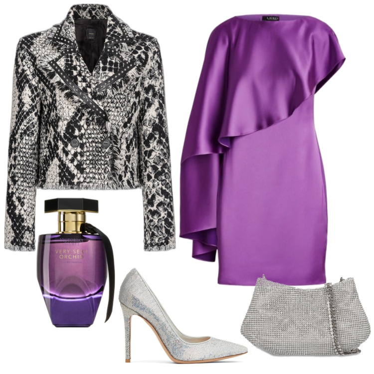Outfit donna - Rock & Chic viola. Stile Chic per Serata fuori. Abbinamento con profumi, cappotti, vestiti, décolleté, borse a spalla.