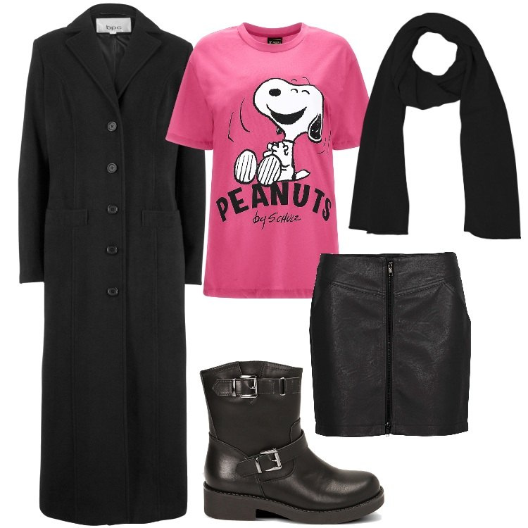 Outfit donna - Sotto il cappotto ....... Snoopy. Stile Casual chic per Tutti i giorni. Abbinamento con cappotti, minigonne, sciarpe, t-shirt, stivaletti.