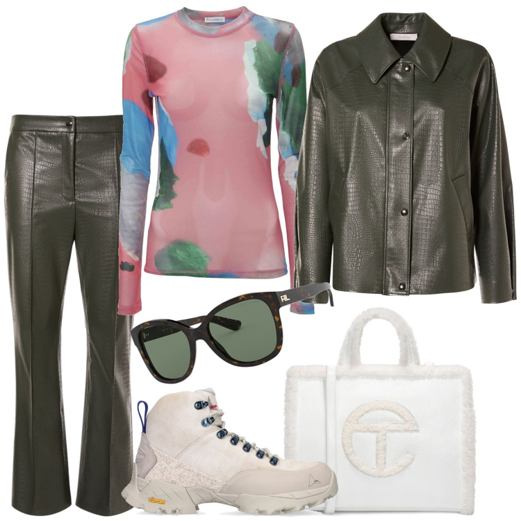 Outfit donna - Total look #1785816. Stile Casual chic per Tutti i giorni. Abbinamento con occhiali da sole, pantaloni, blazer, shopping bag, stivaletti, top.