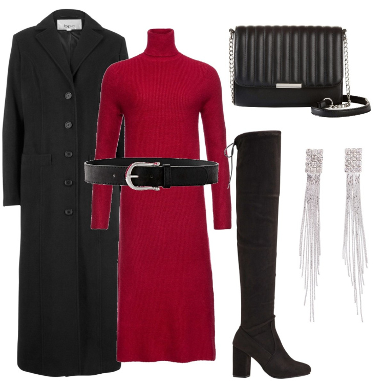 Outfit donna - In rosso anche a Capodanno. Stile Glamour per Serata fuori. Abbinamento con cinture, cappotti, orecchini, vestiti, stivali sopra il ginocchio, borse a tracolla.