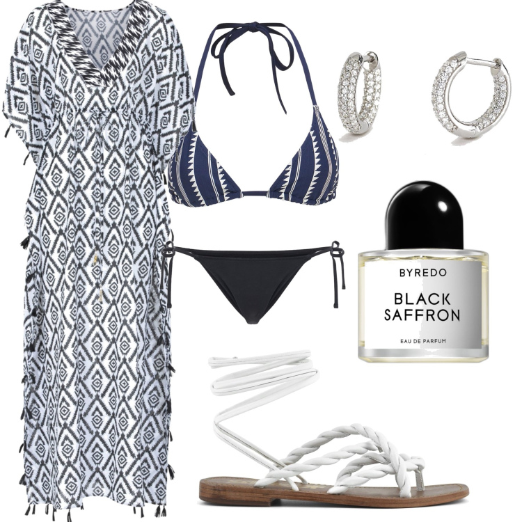 Outfit donna - Al mare in inverno. Stile Casual per Mare. Abbinamento con vestiti da spiaggia, profumi, orecchini, bikini, bikini, sandali.