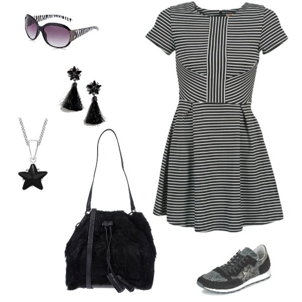 Outfit donna - Ancora un giorno di sole. Stile Trendy per Tutti i giorni. Abbinamento con borsa a spalla taglia media, sneakers, orecchini pendenti con strass farfalla con nappine nero, occhiali da sole nero.