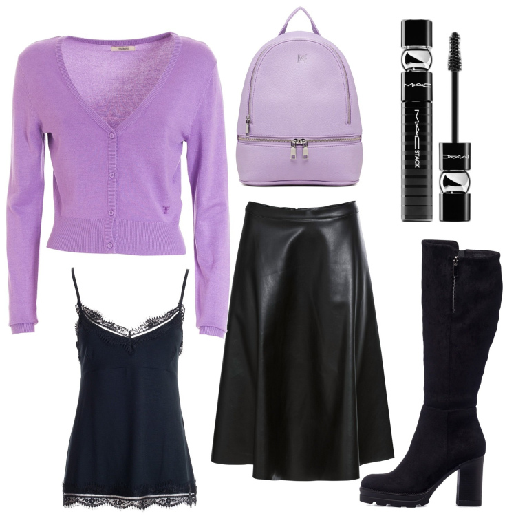 Outfit donna - Un tocco di lilla in ufficio. Stile Trendy per Tutti i giorni. Abbinamento con gonne, mascara, cardigans, culotte, stivali sopra il ginocchio, zaini.