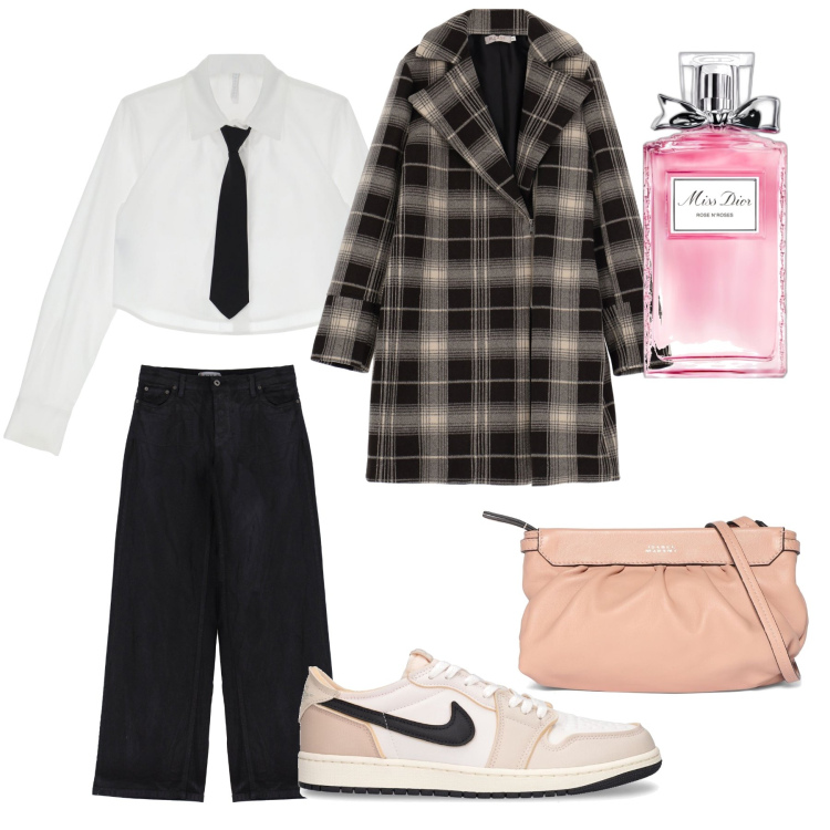 Outfit donna - Con cravatta. Stile Mannish per Serata fuori. Abbinamento con profumi, cappotti, pantaloni a palazzo, camicie, sneakers, borse a spalla.