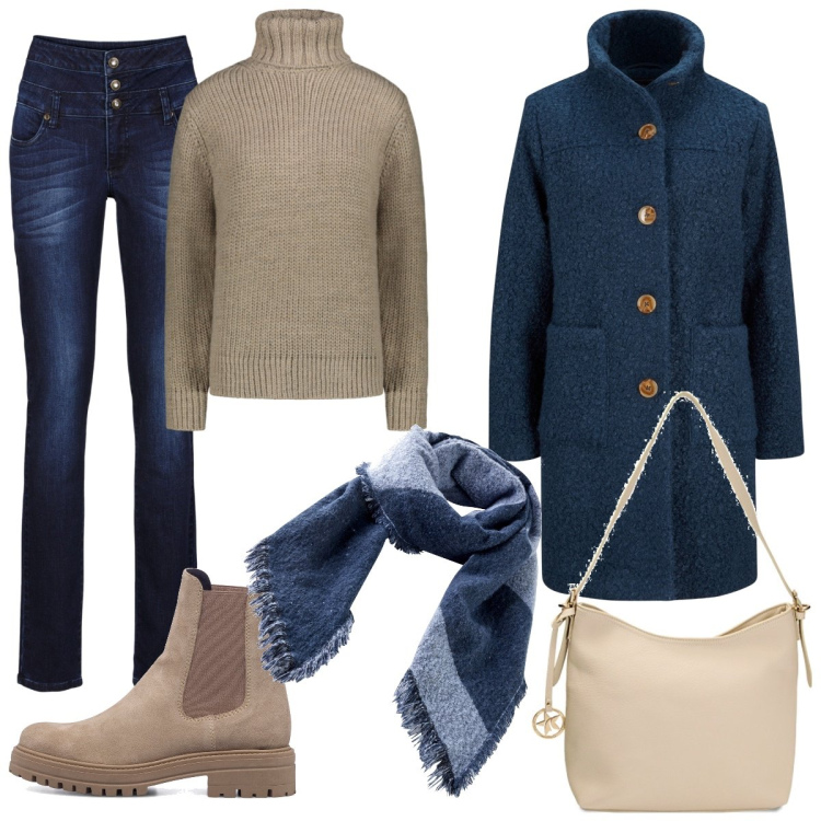 Outfit donna - Casual blu beige. Stile Casual per Tutti i giorni. Abbinamento con cappotti, jeans skinny, sciarpe, borse a spalla, stivaletti, maglieria.