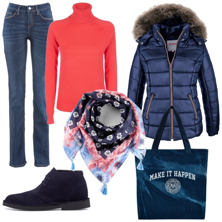 Outfit donna - Il piumino blu. Stile Casual per Tutti i giorni. Abbinamento con piumini, jeans dritti, foulard, maglieria, shopping bag, stivaletti.