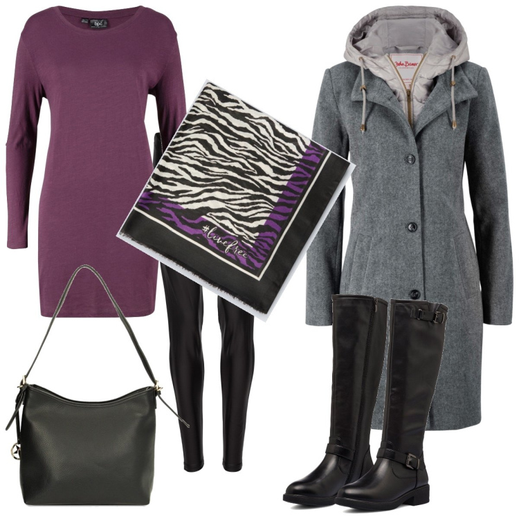 Outfit donna - Il colore viola. Stile Casual per Tutti i giorni. Abbinamento con cappotti, maglieria, treggings, borse a spalla, stivali sopra il ginocchio, sciarpe.