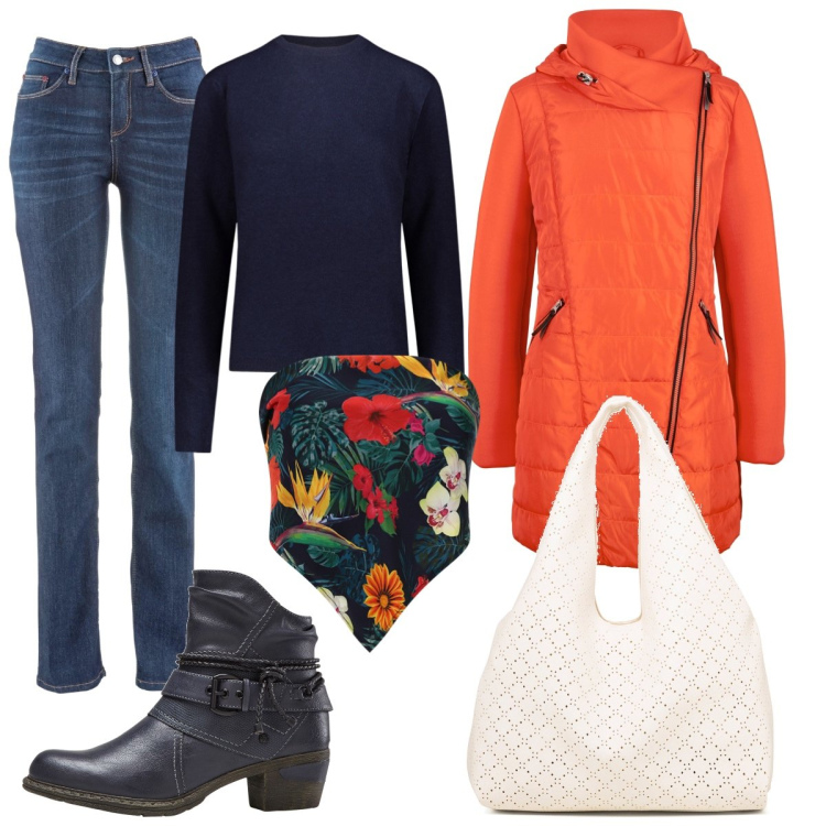 Outfit donna - Fiori e colori. Stile Casual per Tutti i giorni. Abbinamento con jeans dritti, blazer, stivaletti, foulard, borse a spalla, maglieria.