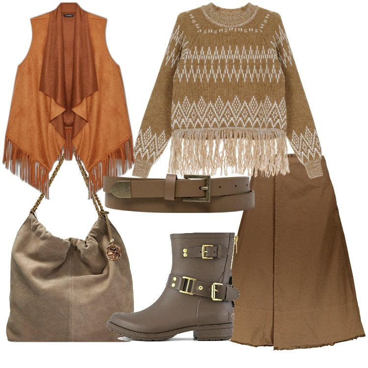 Outfit donna - Passione frange. Stile Etnico per Tutti i giorni. Abbinamento con maglieria, borse a spalla, gonne lunghe, stivali, cinture, gilet.