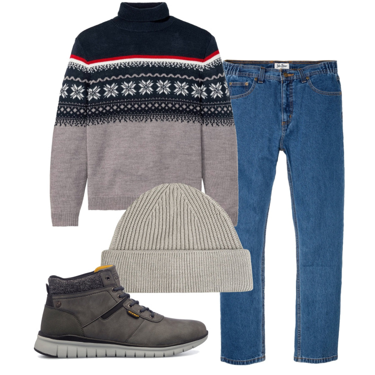 Outfit uomo - Un pull caldo. Stile Casual per Tutti i giorni. Abbinamento con jeans dritti, maglieria, stivali e stivaletti, berretti.