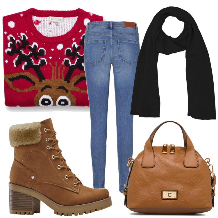 Outfit donna - Maglioncino con renna. Stile Urban per Tutti i giorni. Abbinamento con stivaletti, sciarpe, maglieria, borse a spalla, jeans skinny.