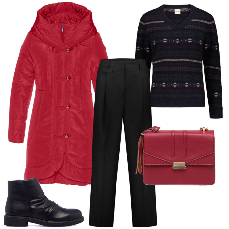 Outfit donna - Il piumino rosso. Stile Mannish per Ufficio. Abbinamento con blazer, stivaletti, borse a tracolla, pantaloni, maglieria.