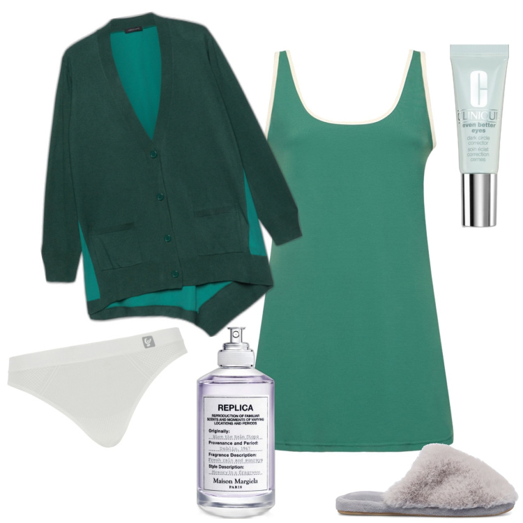 Outfit donna - Colazione al bed and breakfast. Stile Basic per Tutti i giorni. Abbinamento con profumi, correttori, perizomi, pantofole, cardigans, vestiti.