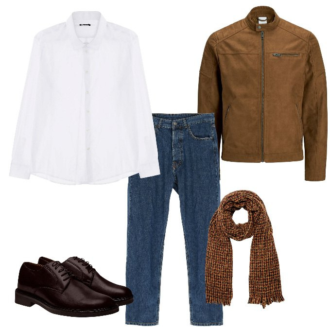Outfit uomo - Casual in città. Stile Casual per Tutti i giorni. Abbinamento con camicie, jeans dritti, cappotti, scarpe stringate, sciarpe.