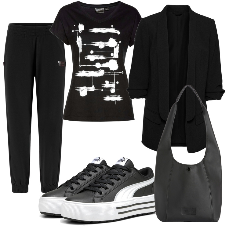 Outfit donna - Casual chic. Stile Casual chic per Tutti i giorni. Abbinamento con blazer, t-shirt, borse a spalla, pantaloni, sneakers.