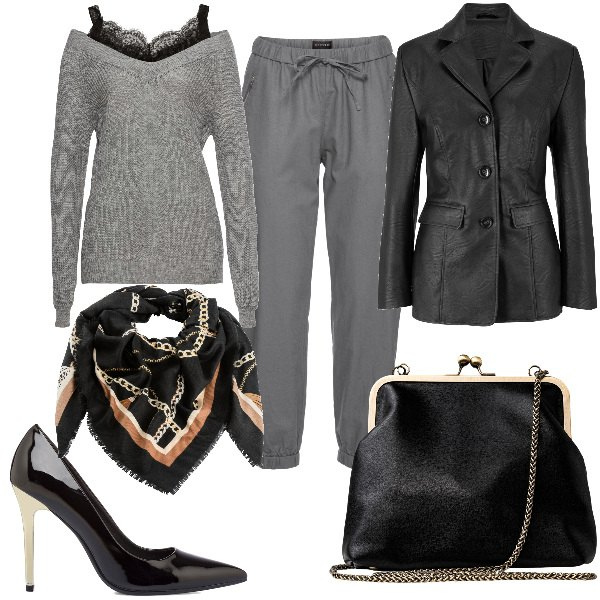 Outfit donna - Total look #1785979. Stile Glamour per Serata fuori. Abbinamento con pantaloni, blazer, maglieria, foulard, décolleté, clutch.