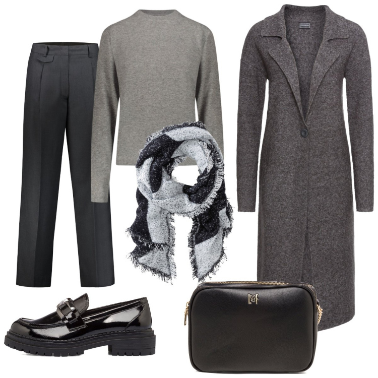 Outfit donna - Sfumature di grigio. Stile Mannish per Serata fuori. Abbinamento con sciarpe, cappotti, mocassini, borse a tracolla, pullovers, pantaloni.