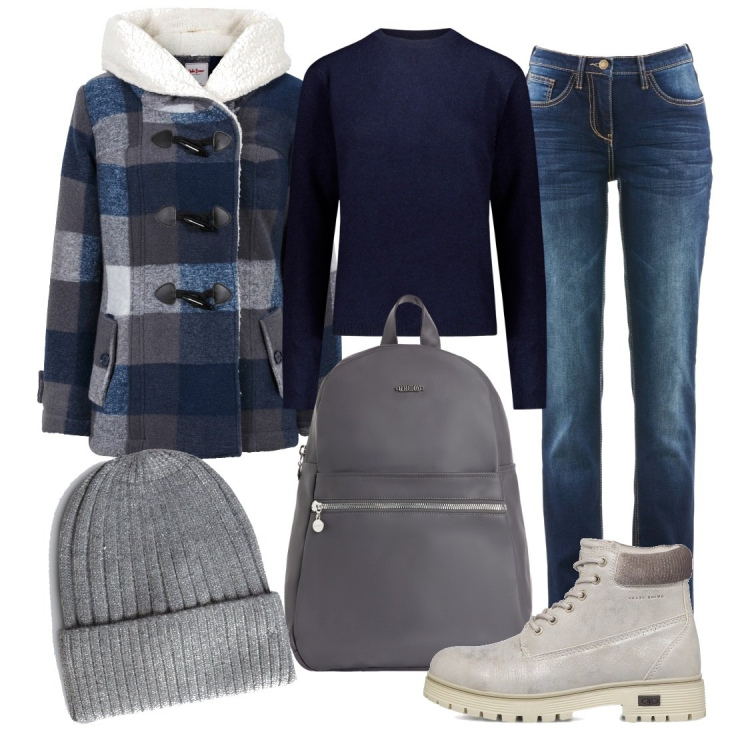 Outfit donna - Di corsa a scuola. Stile Casual per Scuola/Università. Abbinamento con jeans dritti, blazer, zaini, stivaletti, maglieria, berretti.