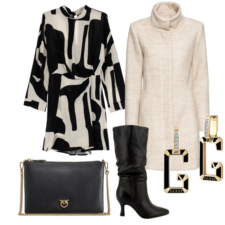 Outfit donna - Un aperitivo di lavoro. Stile Chic per Serata fuori. Abbinamento con cappotti, borse a tracolla, vestiti corti, stivali, orecchini.