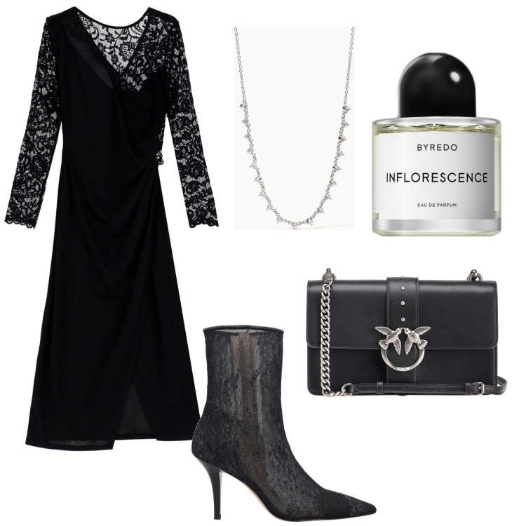 Outfit donna - Effetto pizzo. Stile Vintage retrò per Cerimonia. Abbinamento con profumi, collane, borse a tracolla, stivaletti, vestiti midi/longuette.