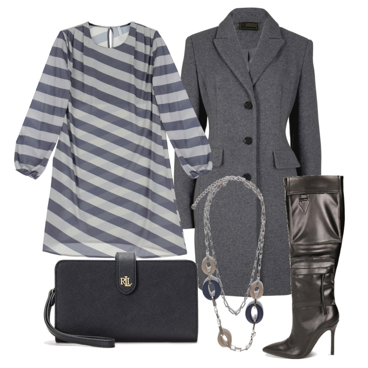 Outfit donna - Ghost outfitter - dicembre. Stile Trendy per Tutti i giorni. Abbinamento con cappotti, vestiti corti, ciondoli, stivali sopra il ginocchio, pochette.