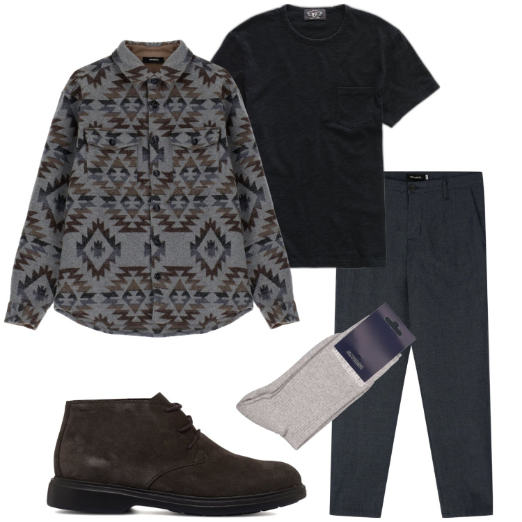 Outfit uomo - La camicia geometrica. Stile Trendy per Tutti i giorni. Abbinamento con pantaloni cargo, camicie, t-shirt, stivali e stivaletti, calzini.