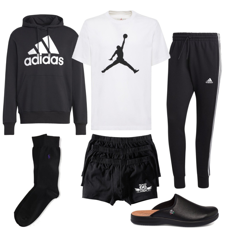 Outfit uomo - Primo giorno di vacanza. Stile Casual per Tutti i giorni. Abbinamento con boxer, calzini, pantaloni, pantofole, felpe con cappuccio, t-shirt.