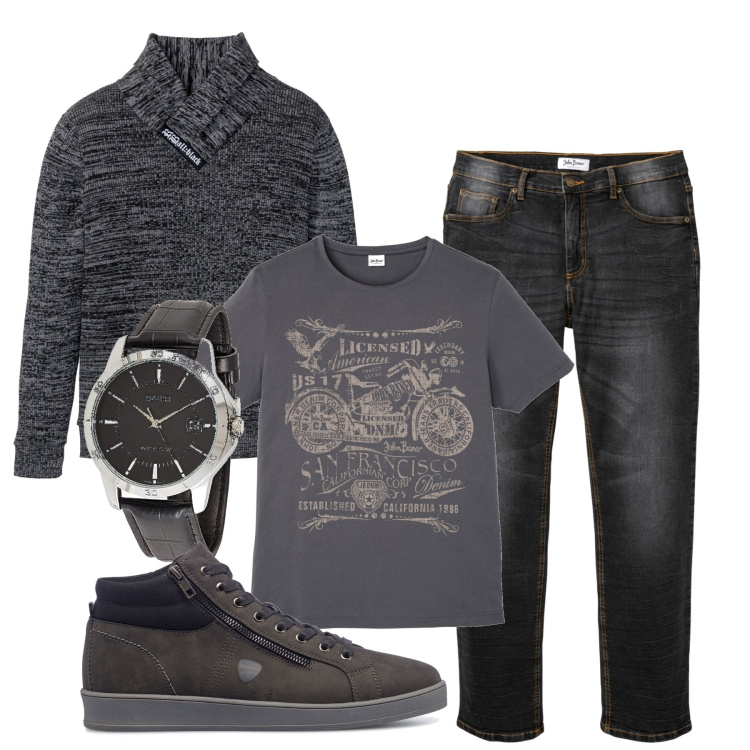 Outfit uomo - Collo a scialle. Stile Urban per Tutti i giorni. Abbinamento con t-shirt, maglieria, jeans dritti, sneakers alte, orologi.