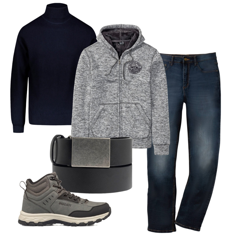 Outfit uomo - Dolcevita in città. Stile Urban per Tutti i giorni. Abbinamento con jeans dritti, giacche, stivali e stivaletti, maglieria, cinture.