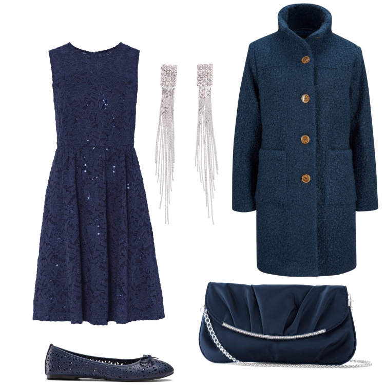 Outfit donna - Blu notte e argento. Stile Chic per Serata fuori. Abbinamento con vestiti, cappotti, ballerine, pochette, orecchini.