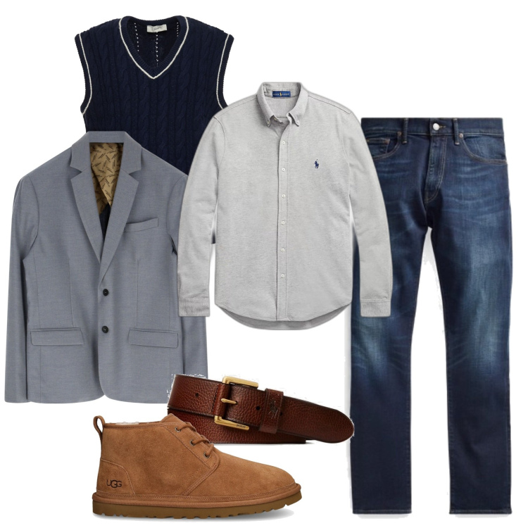 Outfit uomo - Cuoio e blu. Stile Trendy per Serata speciale. Abbinamento con giacche, jeans, camicie, cinture, gilet, scarpe stringate.