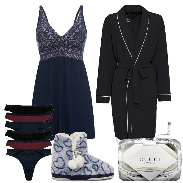 Outfit donna - Regali regali. Stile Basic per Tutti i giorni. Abbinamento con vestaglie, vestaglie, perizomi, profumi, pantofole.