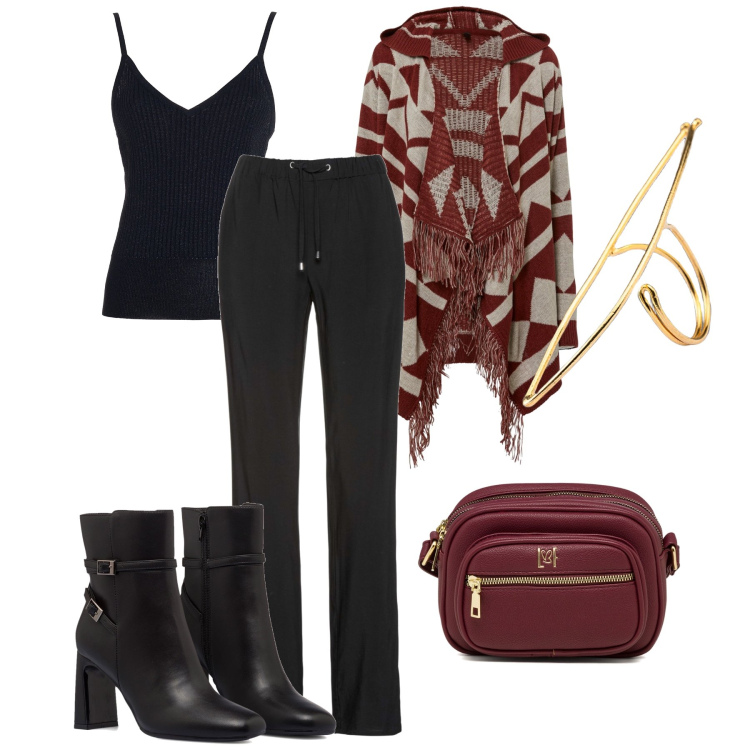 Outfit donna - Contrasti bordeaux. Stile Casual chic per Ufficio. Abbinamento con pantaloni, cardigans, canottiere, stivaletti, borse a tracolla, anelli.