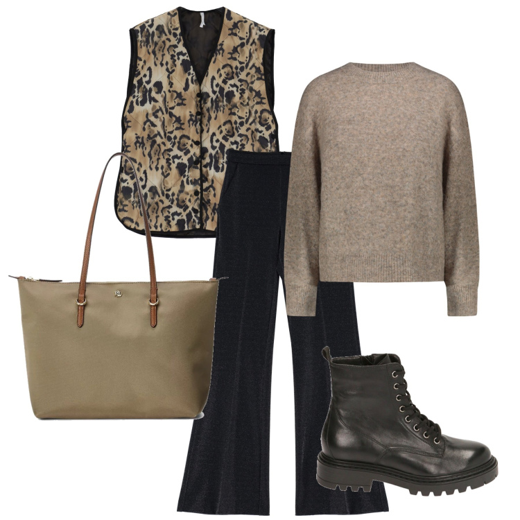 Outfit donna - Il gilet a fantasia. Stile Urban per Tutti i giorni. Abbinamento con piumini, pantaloni, anfibi, borse tote, maglieria.
