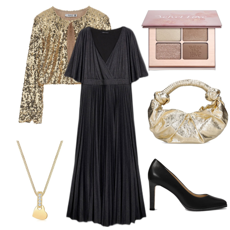Outfit donna - Pronta per Capodanno. Stile Chic per Serata fuori. Abbinamento con ombretti, cardigans, décolleté, vestiti lunghi, borse a mano, collane.