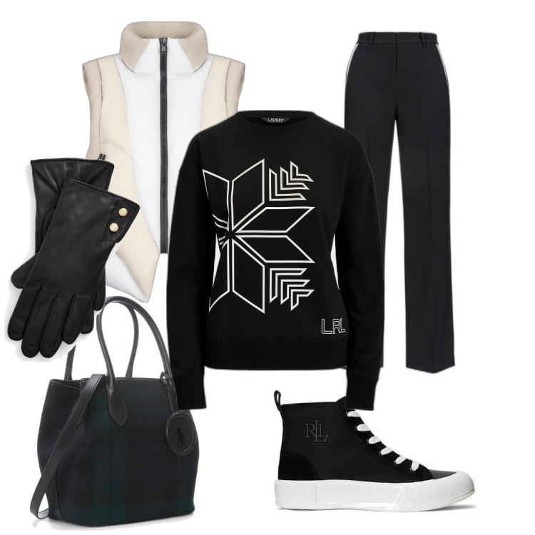 Outfit donna - Bianco e nero. per Serata fuori. Abbinamento con pantaloni, sneakers, pullovers, borse tote, guanti, piumini.