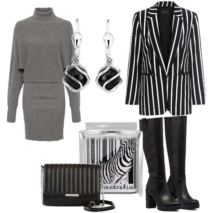 Outfit donna - Speciale curvy-Dicembre. Stile Trendy per Serata fuori. Abbinamento con vestiti, blazer, borse a tracolla, profumi, stivali sopra il ginocchio, orecchini.