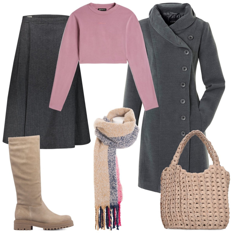 Outfit donna - Grigio pervinca e beige. Stile Casual per Tutti i giorni. Abbinamento con cappotti, sciarpe, maglieria, stivali sopra il ginocchio, gonne lunghe, borse a mano.