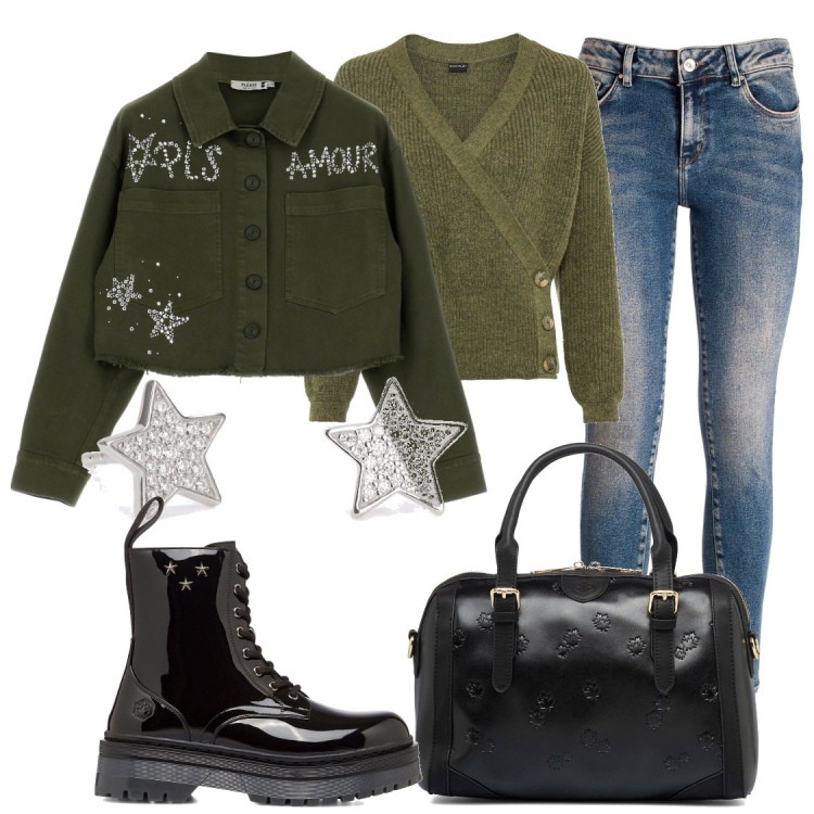 Outfit donna - Look con le stelle. Stile Military per Tutti i giorni. Abbinamento con maglieria, orecchini, jeans skinny, blazer, borse a mano, anfibi.