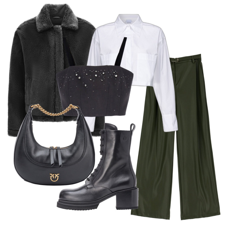 Outfit donna - Ghost outfitter - dicembre. Stile Casual chic per Tutti i giorni. Abbinamento con anfibi, borse a spalla, camicie, pantaloni a palazzo, top, cappotti.
