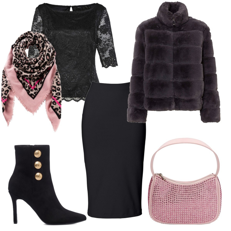 Outfit donna - Total look #1786124. Stile Sexy per Serata fuori. Abbinamento con gonne longuette, bluse, ecopellicce, foulard, borse a spalla, stivaletti.