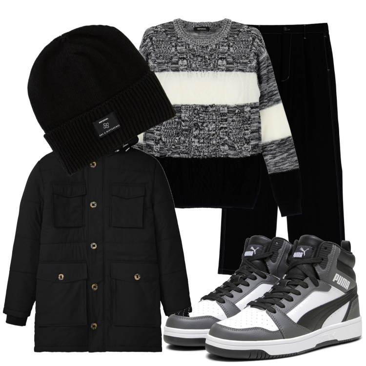 Outfit uomo - Tre colori. Stile Urban per Tutti i giorni. Abbinamento con parka, berretti, pantaloni a palazzo, maglieria, sneakers alte.
